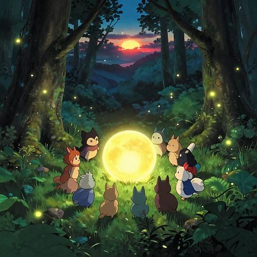 Digital anime-style illustration of adorable, animal-eared characters and cats gathering around a glowing full moon in a dark, enchanted forest.