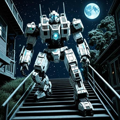 Mech Warrior on Stairs Under Full Moon