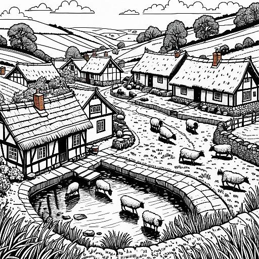 English Countryside Village Coloring Page