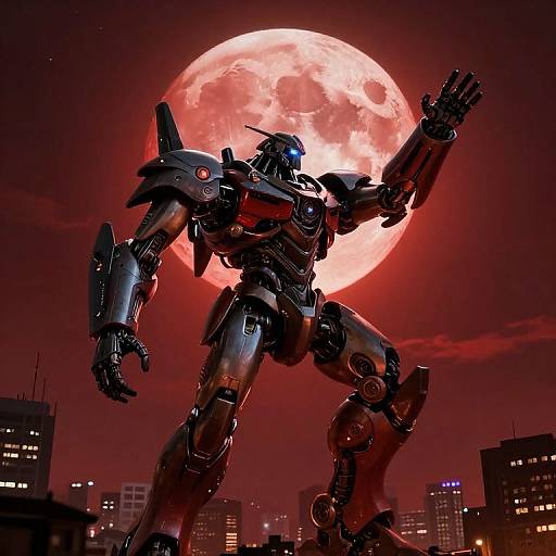 Digital artwork of a towering, metallic robot with glowing blue eyes, standing against a vivid red full moon, with a dark city skyline in the foreground.