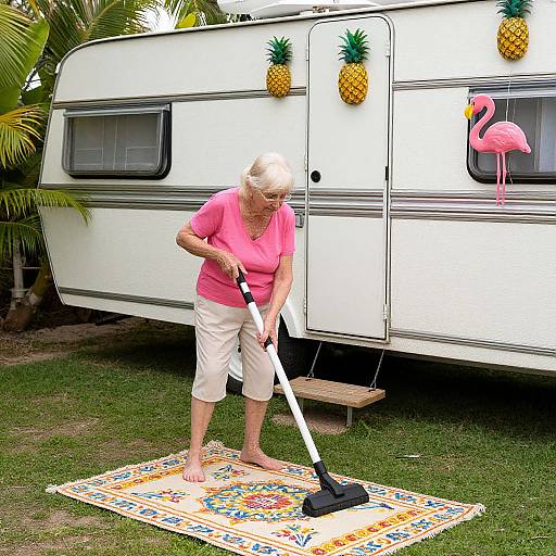Elderly woman with short white hair, pink shirt, and beige pants, vacuuming colorful rug outside white trailer adorned with pineapples and flaming