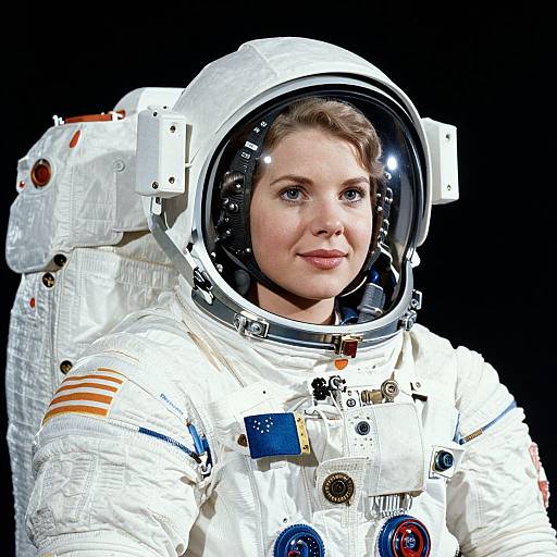 Photograph of a smiling female astronaut in a white spacesuit with orange stripes, clear helmet, and various patches against a black background.