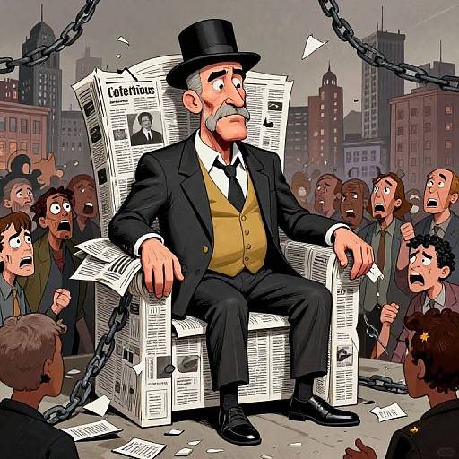 Cartoon of a mustached man in a top hat, black suit, and yellow vest, sitting on a chair made of newspapers, surrounded by shocked