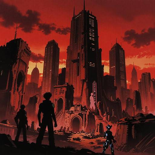 Digital illustration of a dark, red-tinted apocalyptic cityscape with silhouetted figures, towering skyscrapers, and a fiery red