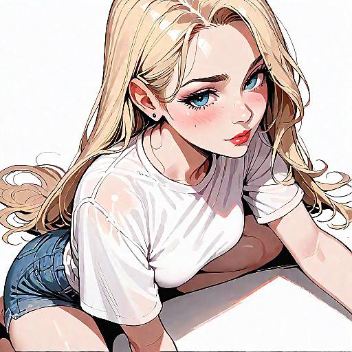 Digital anime-style drawing of a blonde woman with blue eyes, wearing a white t-shirt and blue denim shorts, leaning forward with a seductive expression.