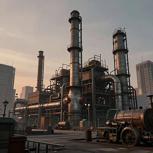 Dieselpunk Industrial Cityscape at Dusk