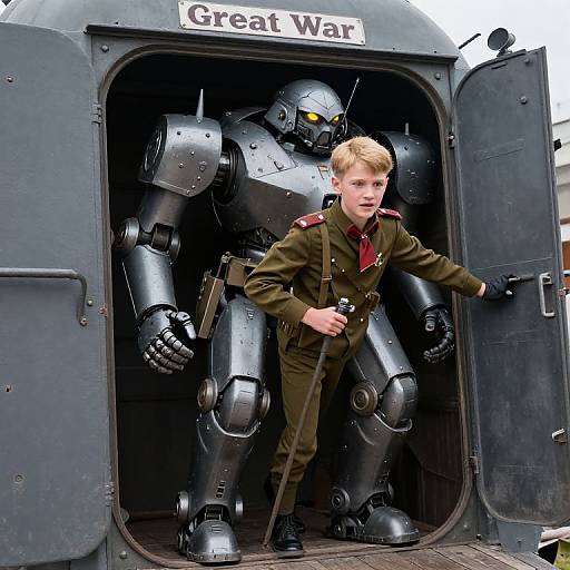 Young Soviet Soldier Climbing Dieselpunk Mech