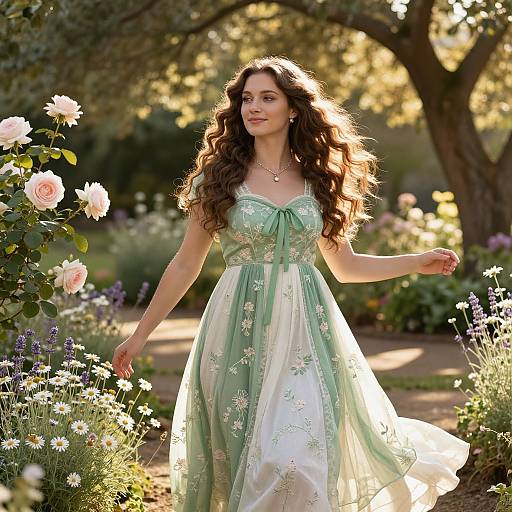 Serene Woman in Sunlit Floral Garden