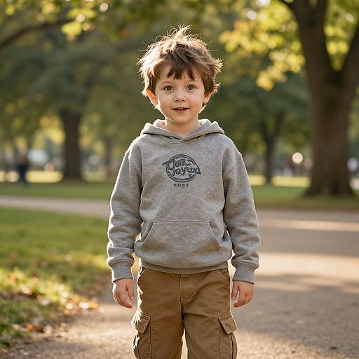 Photograph of a young boy with light brown hair, wearing a gray hoodie and brown cargo pants, standing on a park path with blurred trees in the