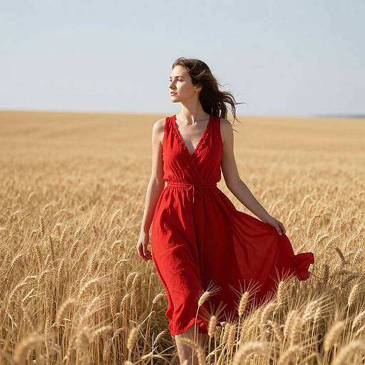 Photograph of a woman with long dark hair, wearing a flowing red dress, walking through a golden wheat field under a clear blue sky.