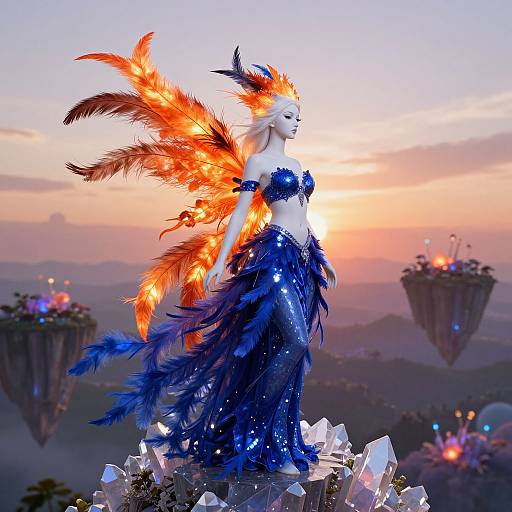 Digital fantasy art of a white-skinned, ethereal woman with fiery orange and blue feathered wings, wearing a sparkling blue dress, standing on a