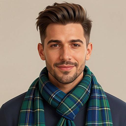 Photograph of a smiling man with dark hair, beard, wearing a blue-green plaid scarf and dark jacket, against a plain white background.