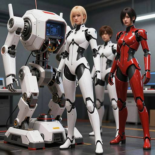CGI image of three women in futuristic white and red armored suits, standing in a lab with a white robotic arm.