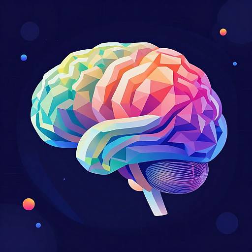 Digital art of a colorful, geometric, 3D human brain floating in a dark blue space with glowing red and blue orbs.