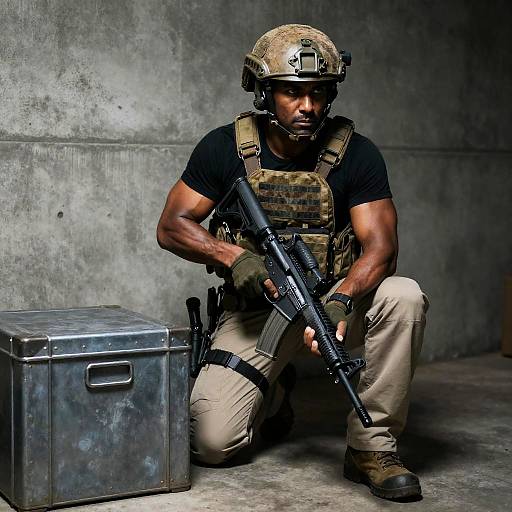 Armed Tactical Soldier Crouching Indoors