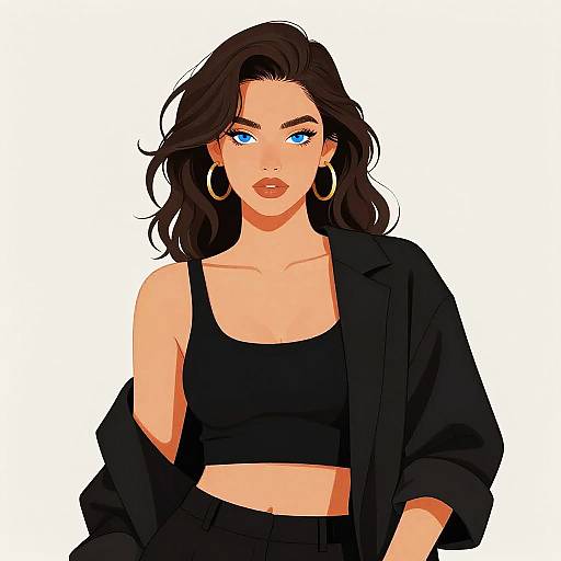 Digital illustration of a confident woman with blue eyes, dark wavy hair, wearing a black crop top, black jacket, and hoop earrings. White background