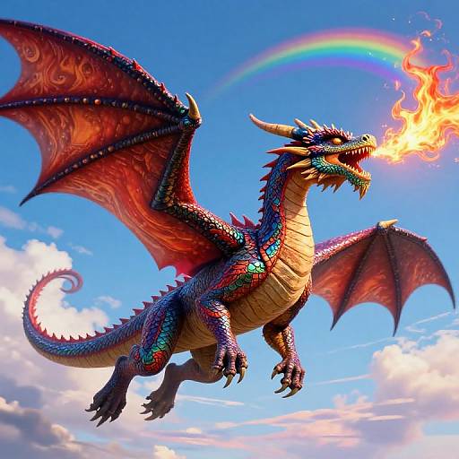 Vibrant digital artwork of a fiery red and blue dragon with iridescent scales, wings spread, breathing fire, against a bright blue sky with