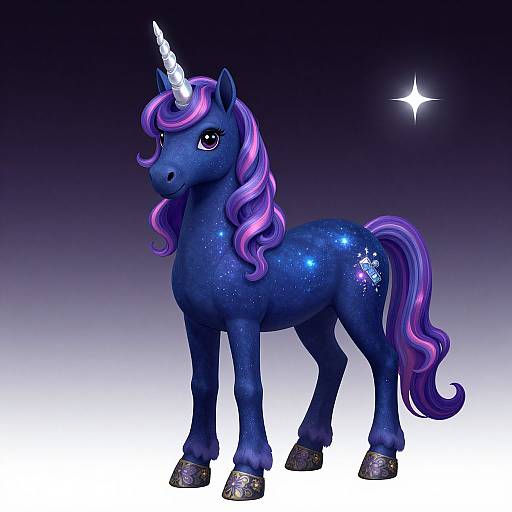 Digital art of a cute, blue unicorn with a purple and pink mane, starry coat, white horn, and sparkly tail, set against a