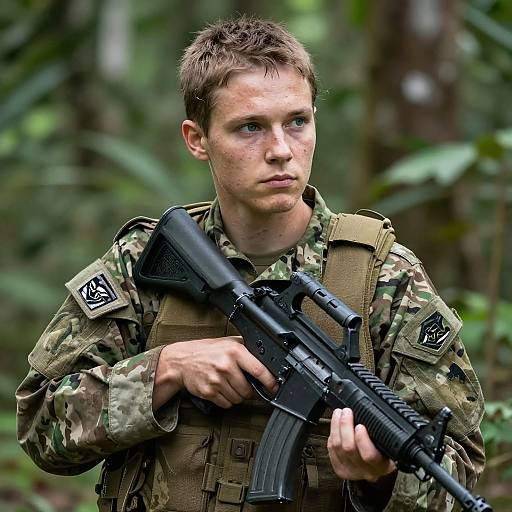Photograph of a focused, young male soldier with short brown hair, wearing camouflage uniform and tactical gear, holding a black assault rifle in a lush,