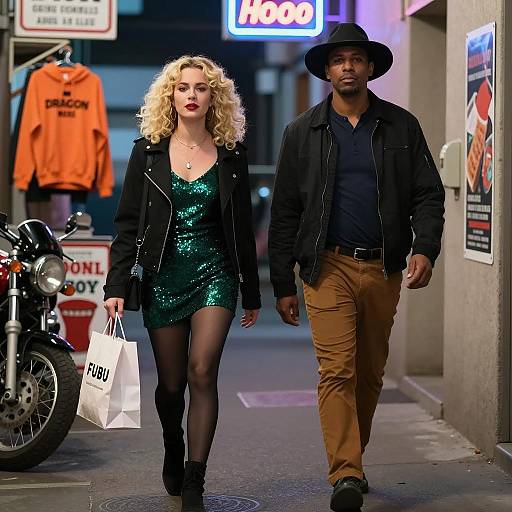 Stylish Couple Walking in City Alley at Night