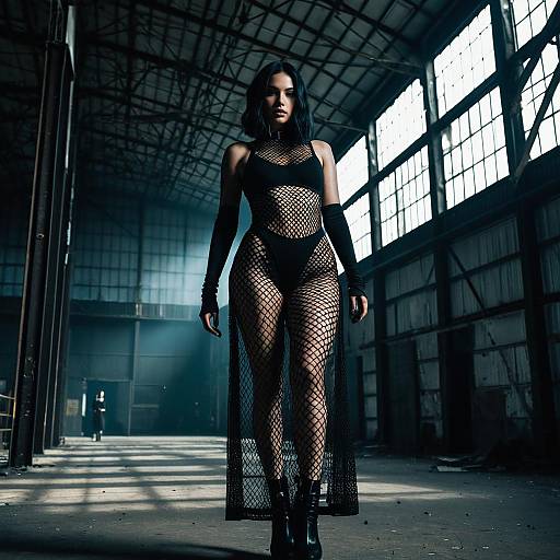 Woman in Sheer Fishnet Gothic Dress in Abandoned Hangar