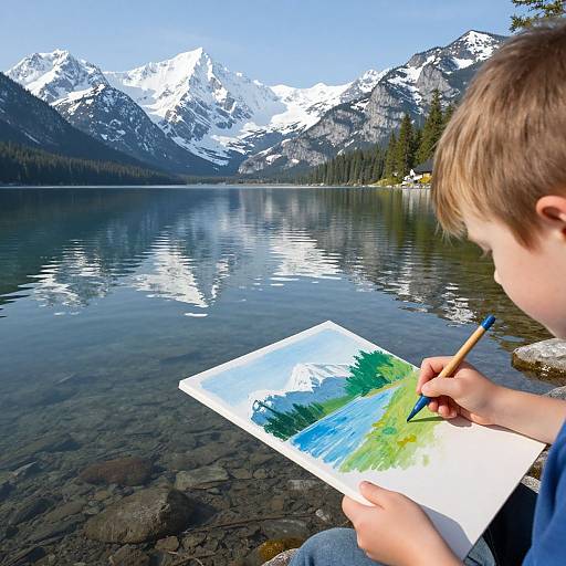 Photograph of a young boy painting a mountain lake scene, with snow-capped mountains and clear water reflecting the blue sky.