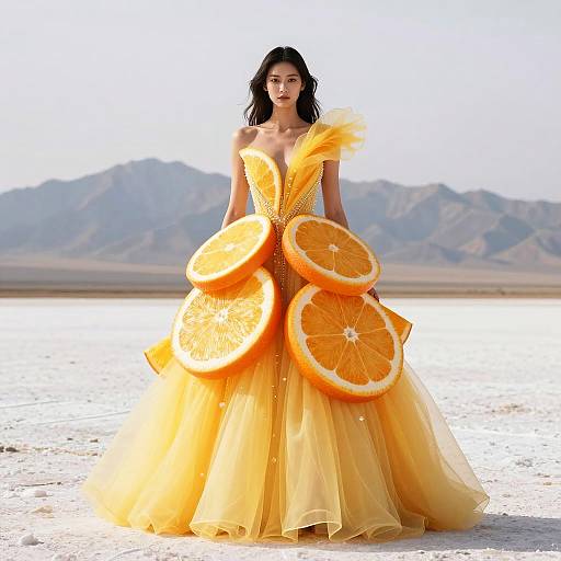 Model in Citrus-Inspired Yellow Gown on Salt Flats