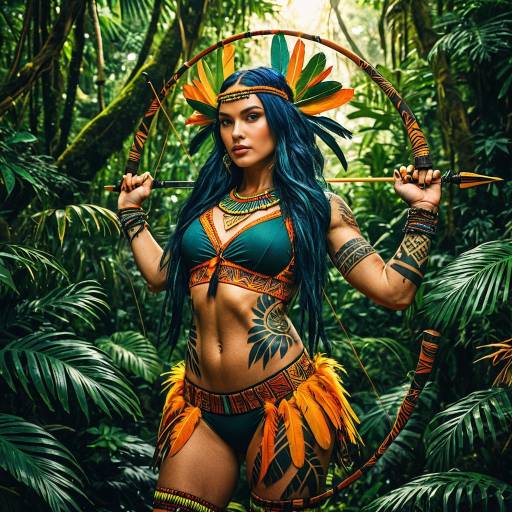 Athletic Woman in Tribal Attire with Bow in Tropical Rainforest