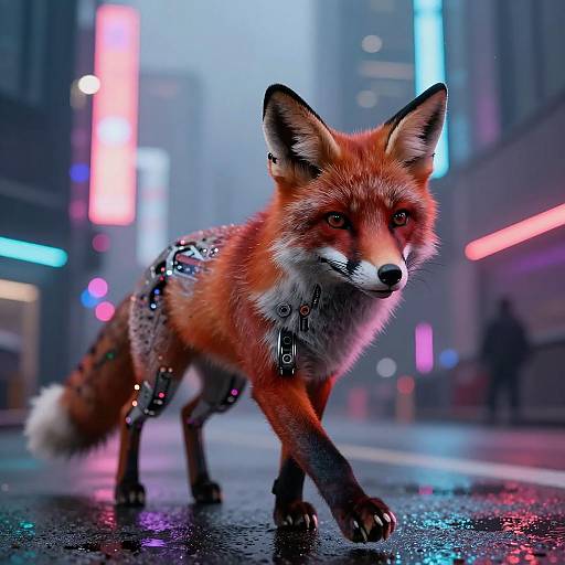 Bionic Fox in a Cyberpunk Cityscape