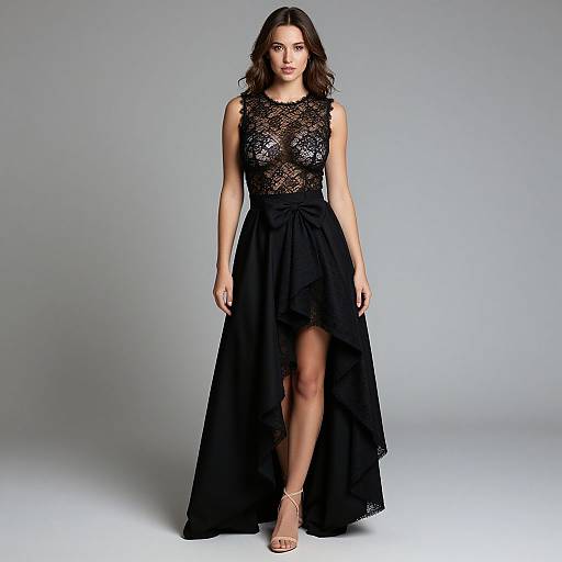 Photograph of a brunette woman in a black lace sleeveless dress with a high slit, standing against a plain gray background. She wears strappy heels