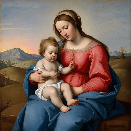 Renaissance painting of Mary in red dress and blue cloak, holding baby Jesus in white diaper, with mountainous landscape at sunset.