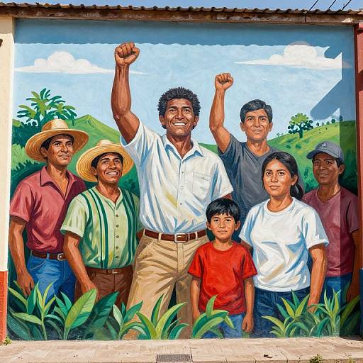 Vibrant mural of a smiling, dark-haired family with raised arms, wearing casual clothes, standing in a lush, green field.
