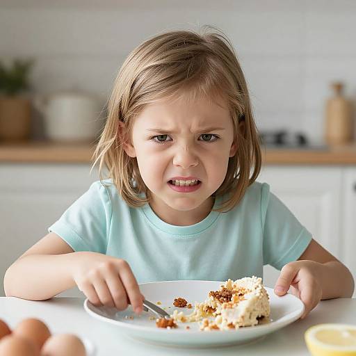 Photograph of a young girl with light brown hair and blue shirt, scowling while eating cake on a white plate in a bright kitchen.