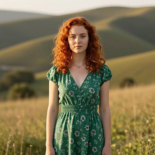 Photograph of a fair-skinned, red-haired woman with curly hair, wearing a green floral dress, standing in a sunlit meadow with rolling