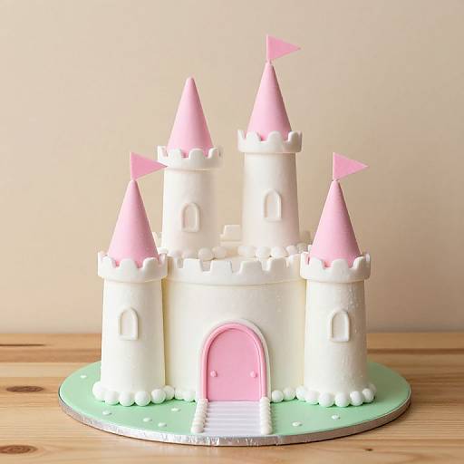 Photograph of a pastel pink and white castle cake with conical towers, pink flags, and an arched pink door on a green base,