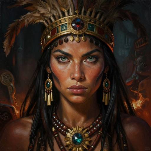 Digital painting of a Native American woman with dark skin, blue eyes, and feathered headdress, adorned with gold and turquoise jewelry.