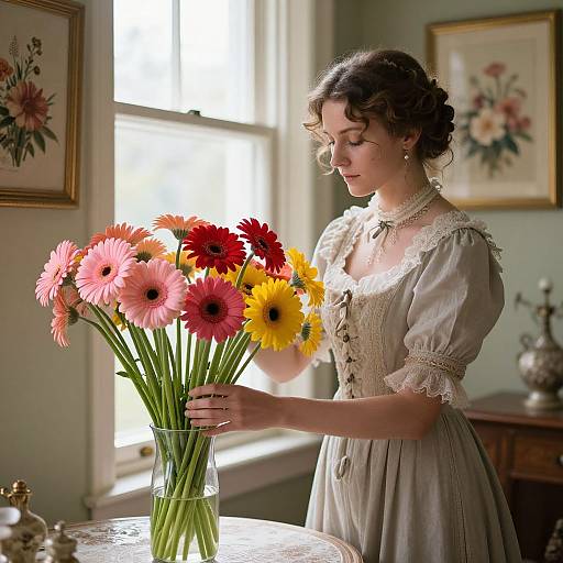 Victorian Woman Arranging Gerbera Daisies