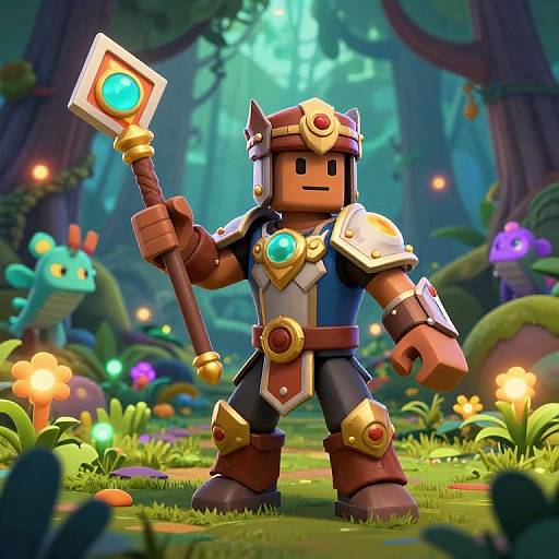 CGI image of a blocky, armored knight with cat ears, holding a staff with a glowing gem, in a vibrant, enchanted forest.