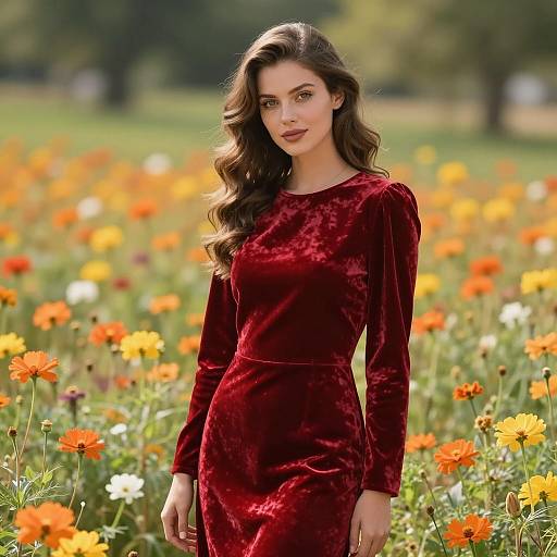 Woman in Red Velvet Dress in Flower Field