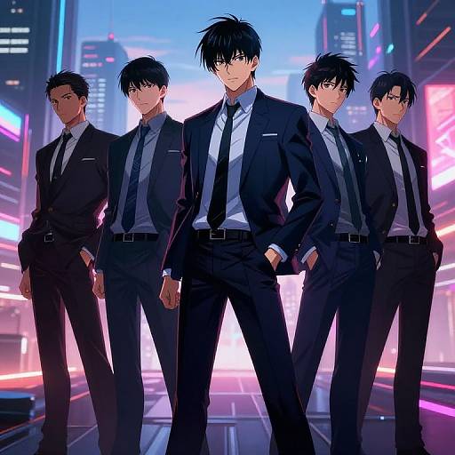 Digital anime-style illustration of five tall, handsome men in black suits and ties, standing confidently in a neon-lit cityscape.