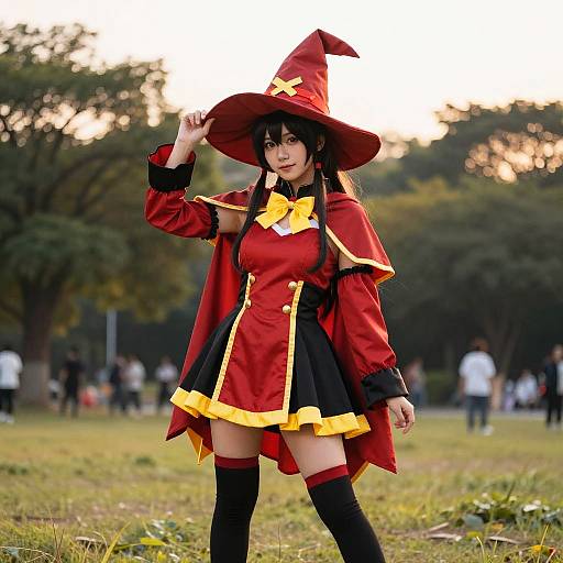 Photograph of a woman in a red and black witch costume with a large hat, yellow bow, and thigh-high boots, standing in a grassy