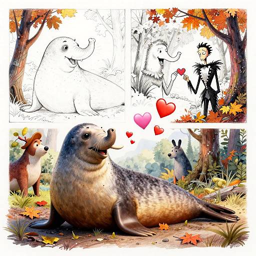 Comic-style illustration: Black-and-white sketches of seal and anthropomorphic rabbit with hearts, transitioning to colorful, detailed scene of seal and rabbit with autumn foliage