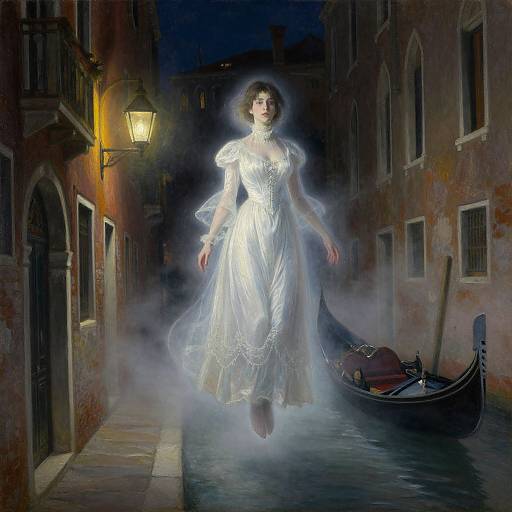 Glowing ethereal woman in white gown floats down misty Venetian alley at night, lit by street lamp, beside gondola.
