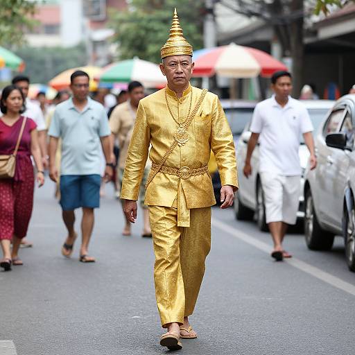 Photograph of an Asian man in a golden traditional Thai outfit with a tall, pointed crown, walking down a busy urban street with blurred pedestrians and colorful