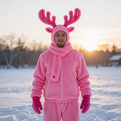 Festive Pink Reindeer Costume in Snow