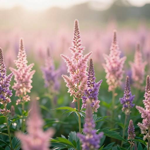 Photograph of a sunlit field with tall, pink and purple lupine flowers, softly blurred background, vibrant green foliage, and a warm, golden