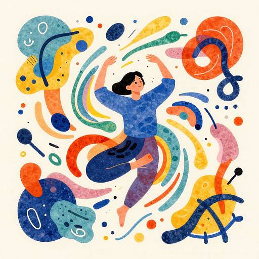 Vibrant watercolor illustration of a dancing woman with black hair, blue shirt, and purple pants, surrounded by colorful abstract shapes and swirls.