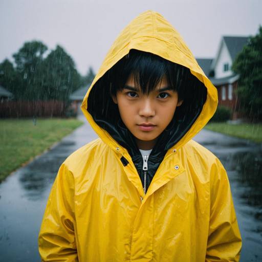 Boy in Yellow Raincoat on Rainy Day