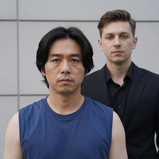 Two Men Standing Against Grey Wall