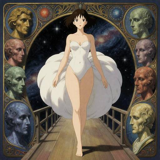 Anime Girl on Bridge with Ornate Celestial Frame